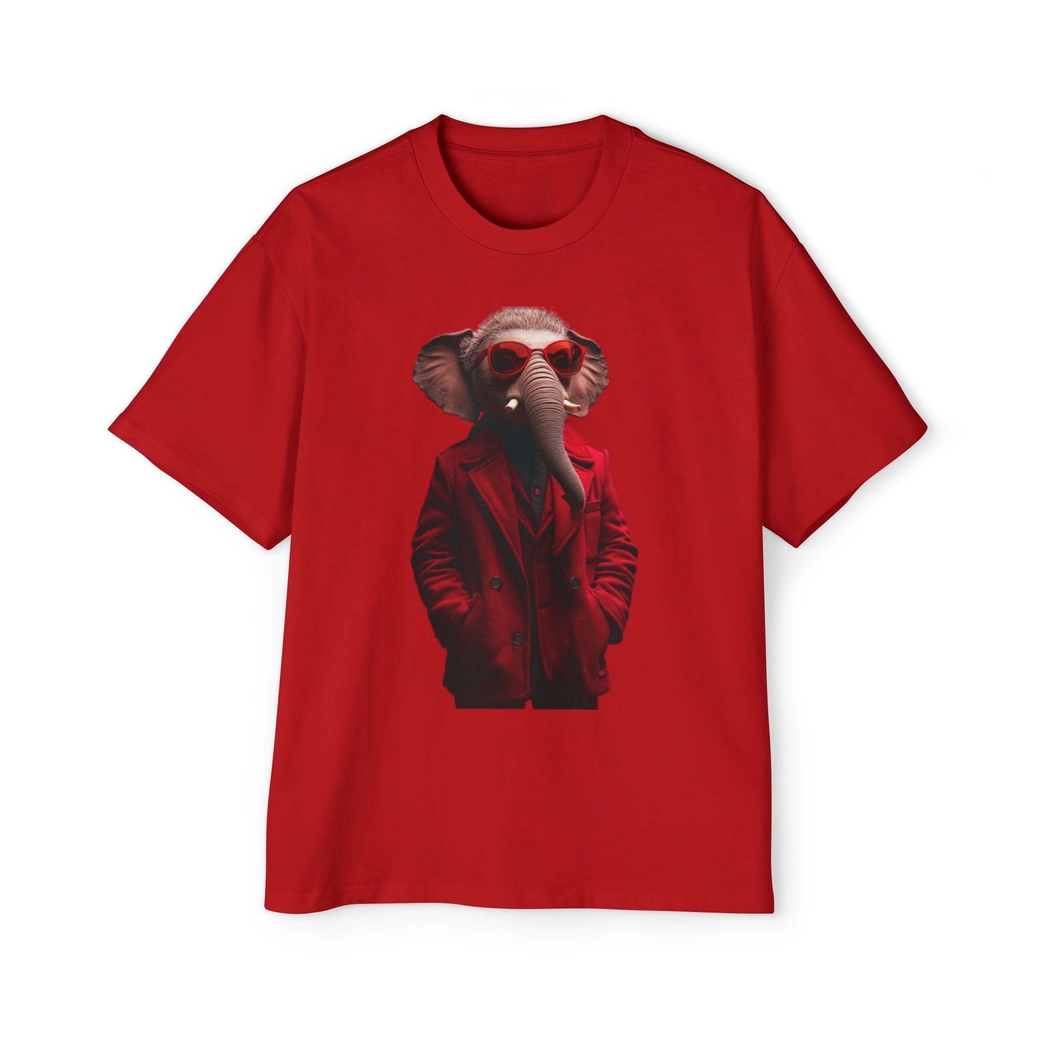 Elephant in Coat Graphic Tee — Stylish Red Oversized Men’s Shirt