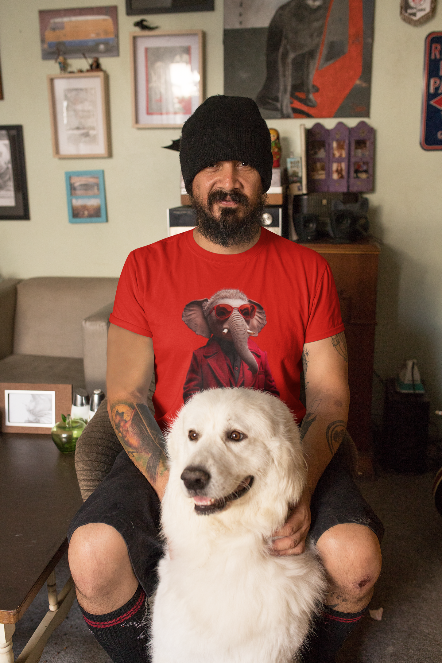 Elephant in Coat Graphic Tee — Stylish Red Oversized Men’s Shirt