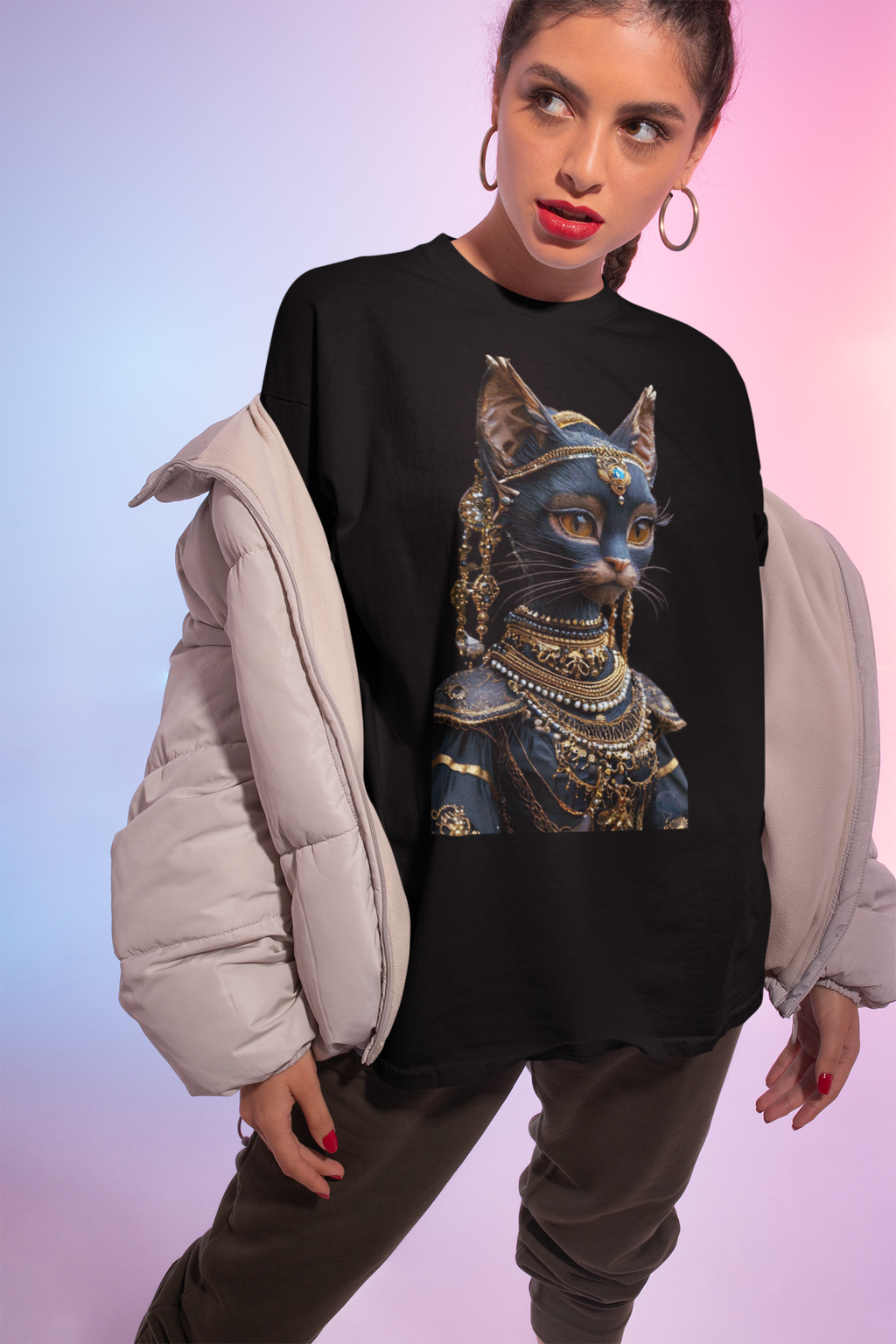Egyptian Cat Goddess Bust Tee | Anubis Bastet Inspired Cat Portrait Shirt