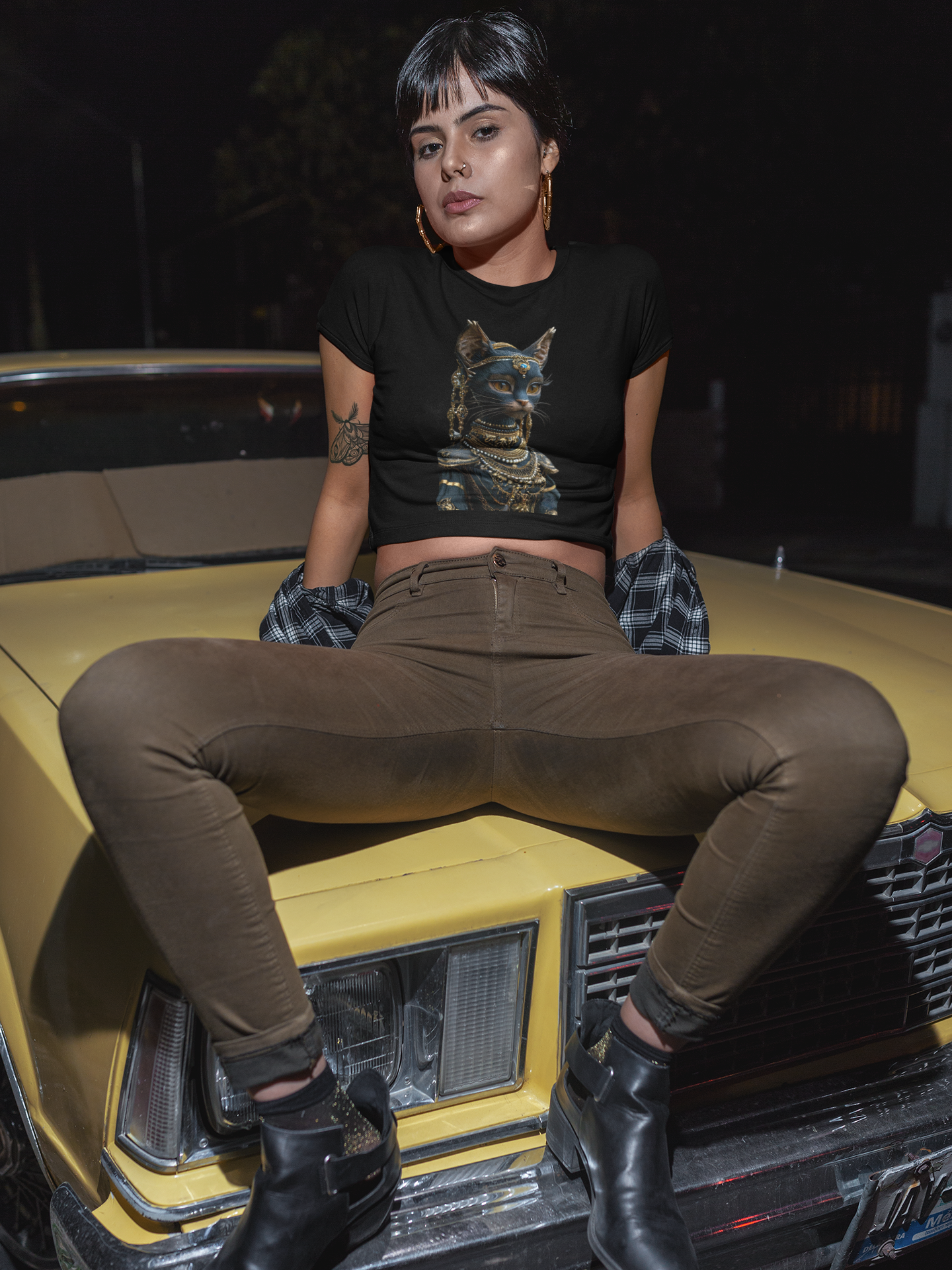 Egyptian Cat Goddess Crop Tee | Anubis-Inspired Feline Portrait