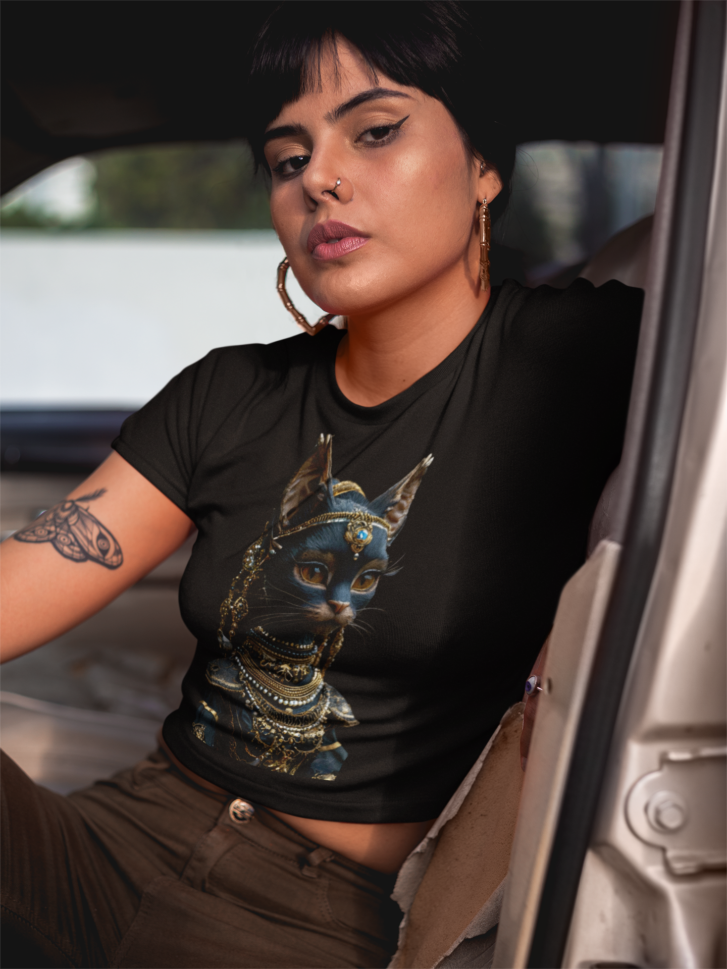Egyptian Cat Goddess Crop Tee | Anubis-Inspired Feline Portrait