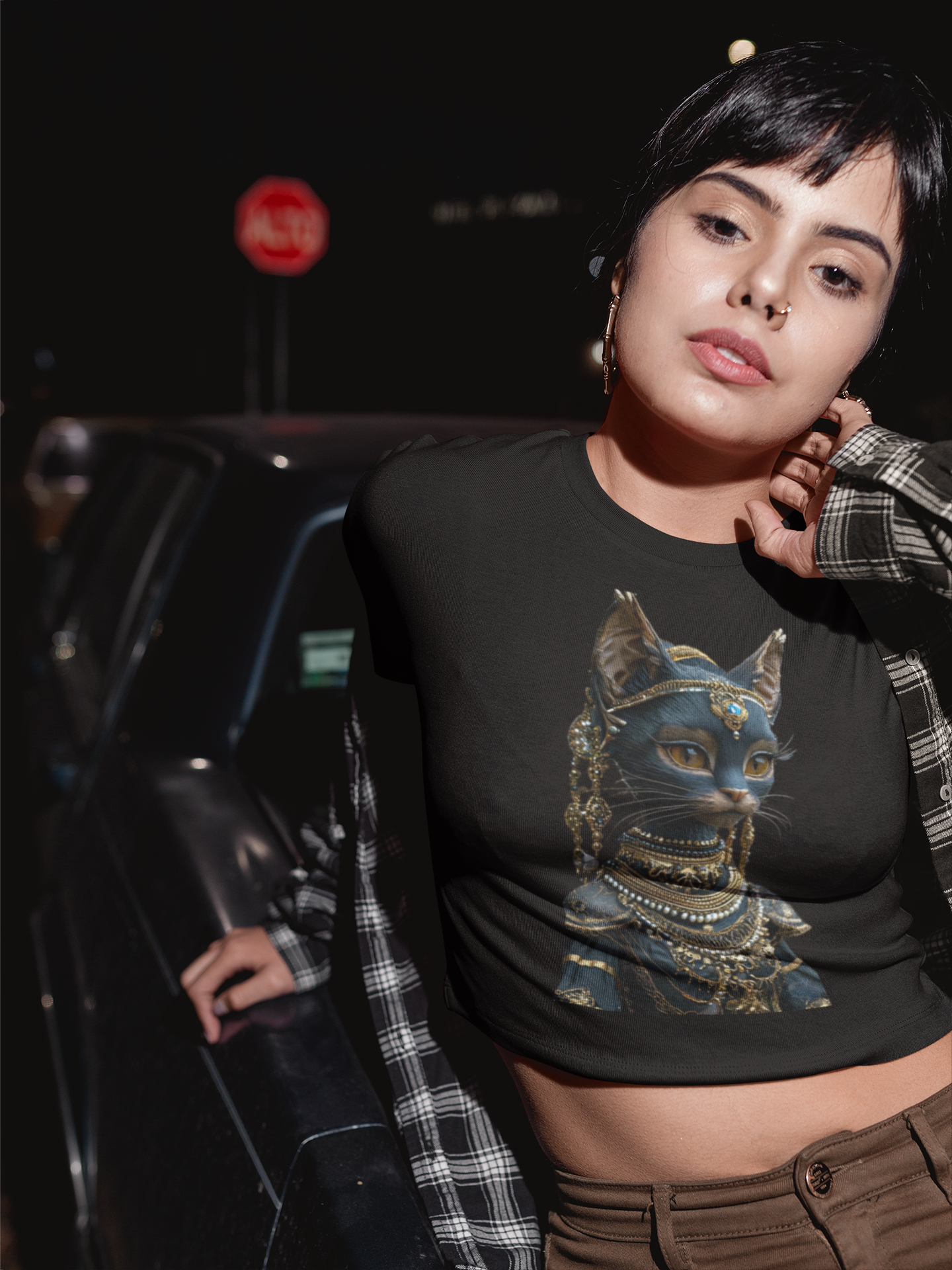 Egyptian Cat Goddess Crop Tee | Anubis-Inspired Feline Portrait