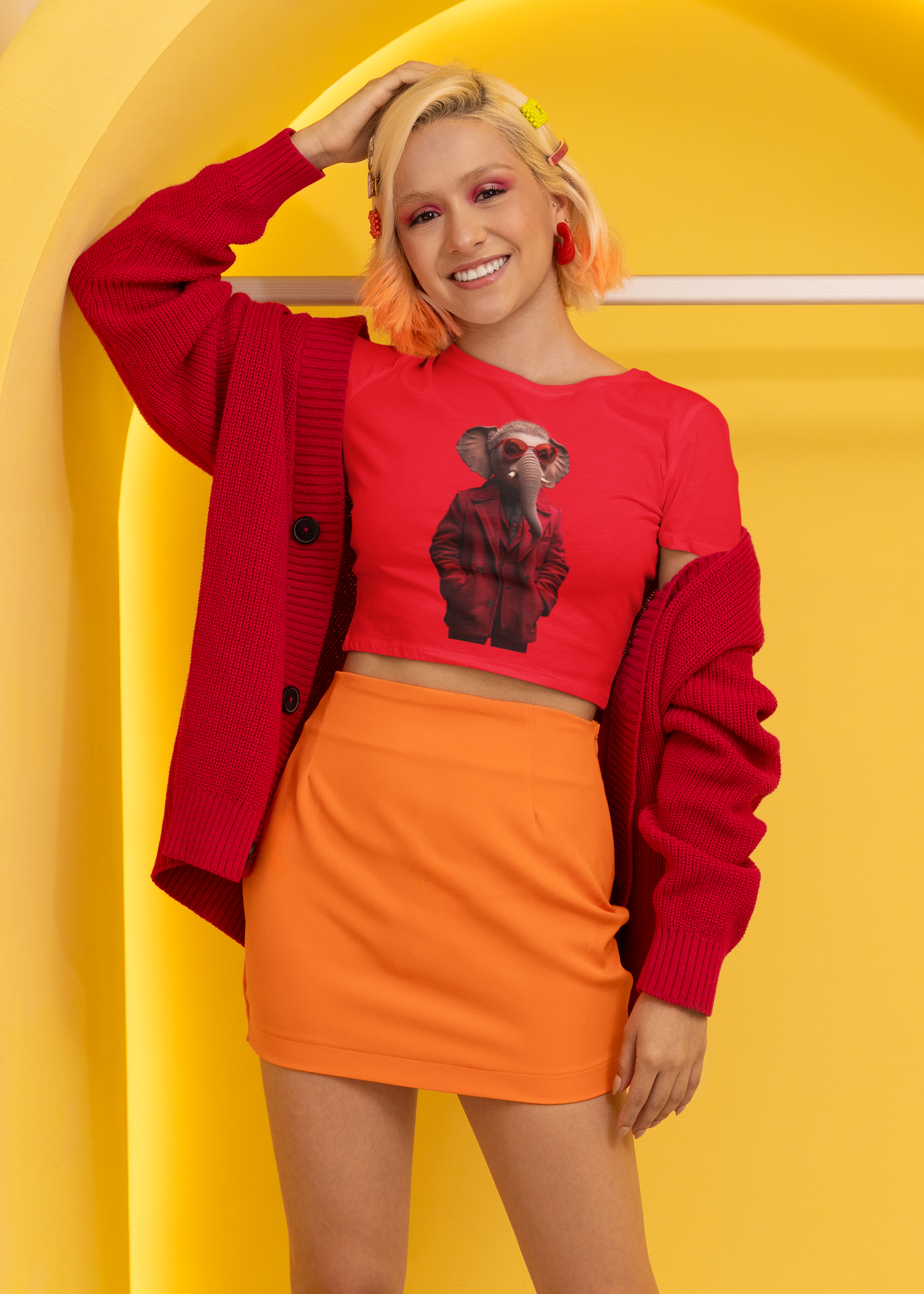 Elephant Cool Crop Tee — Red Fashion Graphic Top